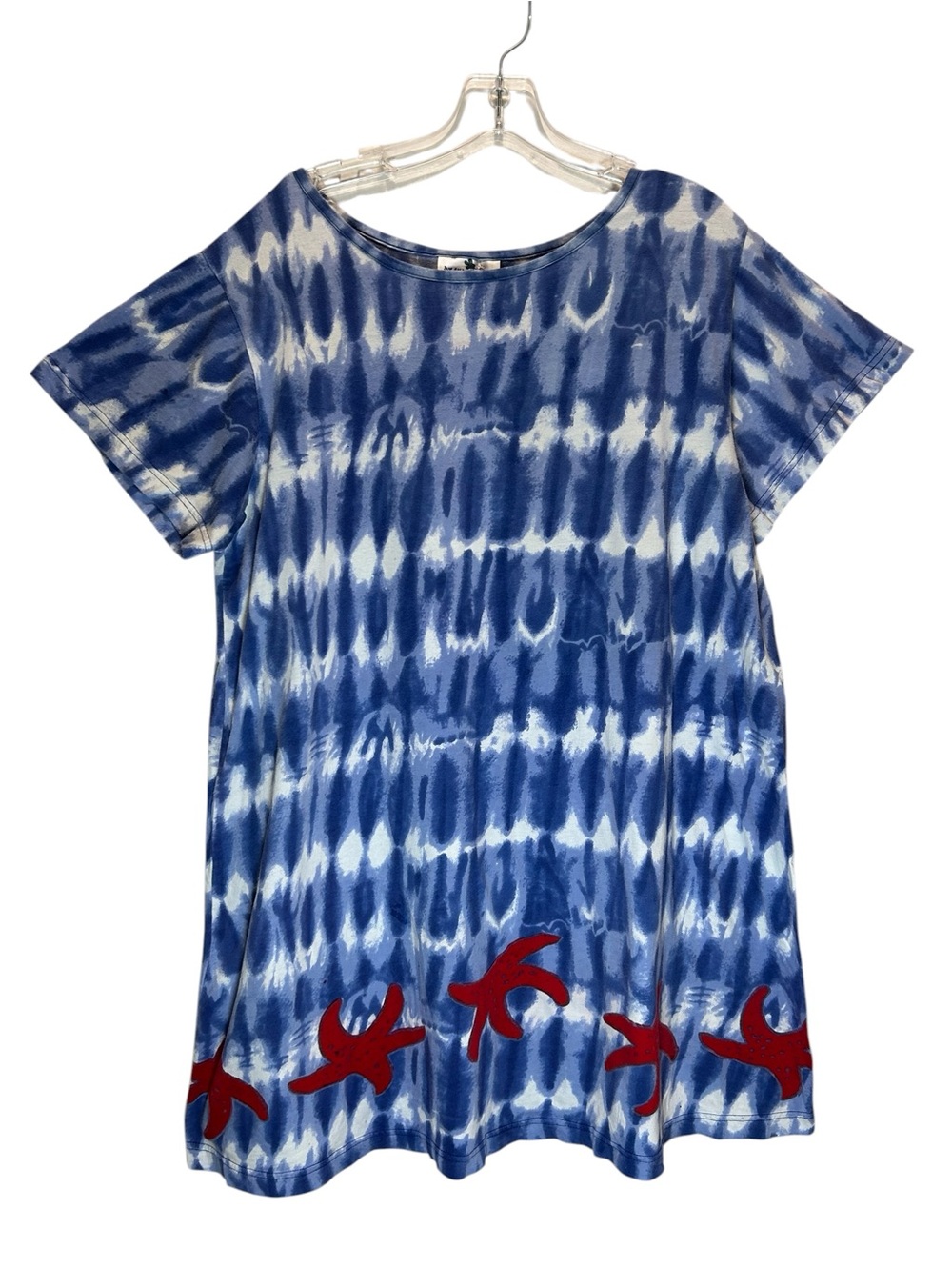 Desert Jems Blue/White Tie Dye Cotton Knit Tunic w/ Red Starfish Border - Large